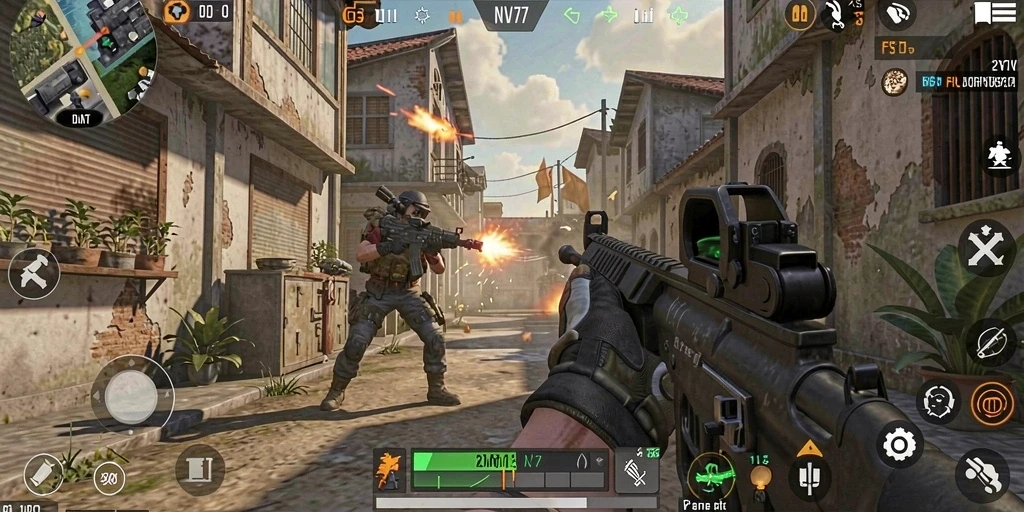Tampilan gameplay NV77 dengan aksi FPS yang mendebarkan.